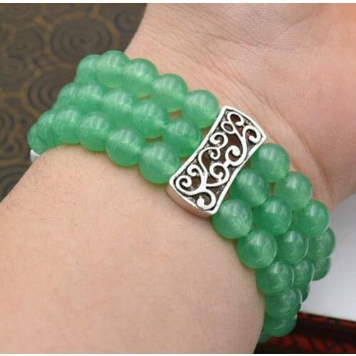 3 row Womens Natural Emerald Beads Stretch Tibetan silver Bracelet 8mm
