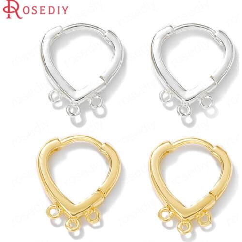 39170)6PCS 15x17MM 24K Gold Color Brass Heart Loop Earrings Hoops with 3 Hanging Holes Jewelry Making Supplies Diy Accessories