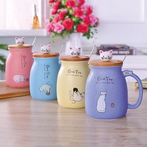 420Ml Cute Cat Mug Female High-Value Ceramic Tea Cup with Lid Spoon Tea Cup Couple Cup Pair of Household Oatmeal Breakfast Cups
