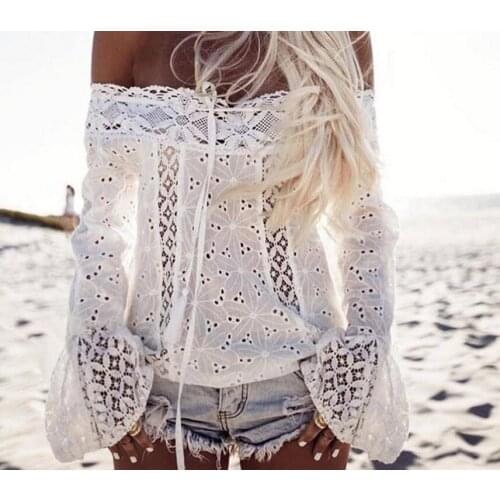 Hollow out white lace blouse women top Off shoulder Long sleeve sexy slash neck black blouse summer Flare sleeve tassel blusa
