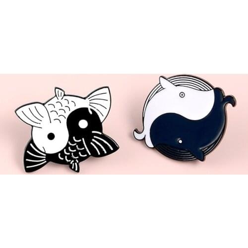 Yin Yang Fish Brooch Cartoon Cute Whale Shirt Pins Enamel Badges Broches for Men Women Badge Pins Brooches Jewelry Accessories