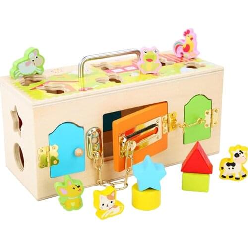 Wooden Lock Box Montessori Toys Geometric Block and Animals Model Preschool Educational Toys for Toddlers Children