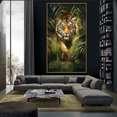 Canvas Animales Abstract Art Oil Paintings Tiger in the Grass Verde Poster Living Room Wall Hoom Decor Nordic Modern Art Print