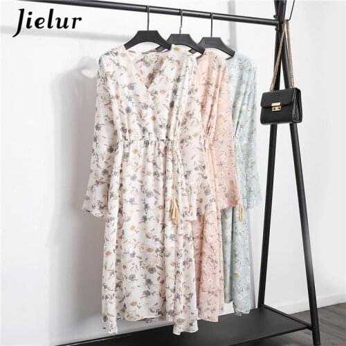 Jielur Dress Elegant Floral Chiffon Women Autumn Casual Lace-up V Neck Dress Long Sleeve Print Midi Vestidos Mujer