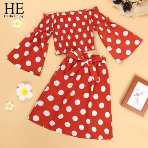 HE Hello Enjoy Fashion Kids Baby Girls Clothes Off Shoulder Red dots Top Long Skirt Outfits Set Princess Party Clothing for 4-10
