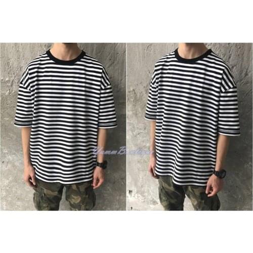 Awesome Knit Striped Black/Beige Under Scoop Knit Short T-shirt - Extended Overlong Short Sleeve - - Drop Shoulder Centre back s