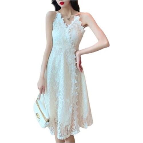 PERHAPS U Summer Elegant Sweet Apricot Lace Patch Designs Backless V-Neck Spaghetti Strap A-Line Slim Mid Calf Dress D3052