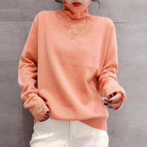 Fashion Lace Gauze Patchwork Loose Turtleneck Pullovers Women Elegant Base Knitwear 2021 New Slim Long Sleeve Tops Female