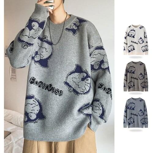 Mens Fashion Long Sleeve Knitted Sweater Kawaii Cat Round Neck Hoodies Unisex Lovers' Autumn Winter Pullovers Casual Streetwear