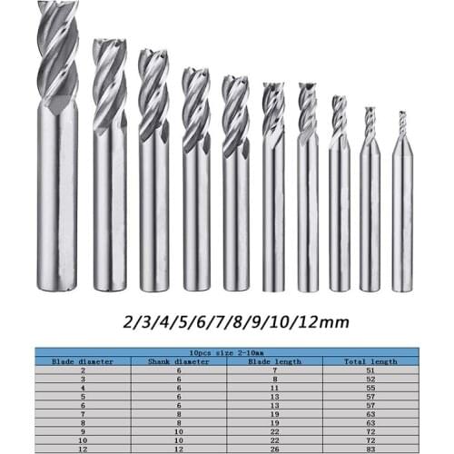 10pcs Milling Cutter HSS Straight Shank Cutter 4 Blade Metal Drill Bit Set 2-12mm For wooding,Metal,Drilling Machine