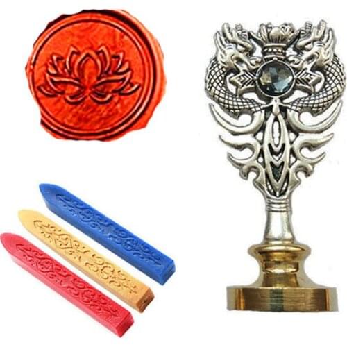 Signature Custom Wax Seal Stamp Kit Lotus Flower Leaf Metal Dragon Handle Vintage Wedding Invitations (Dragon Silver