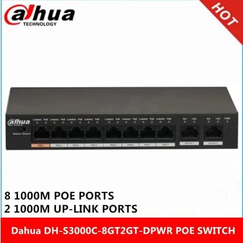 Dahua DH-S3000C-8GT2GT-DPWR 8 Gigabit PoE Switch 2 up-link ports max 250m Power Transit Distance Support IEEE802.3af and IEEE803