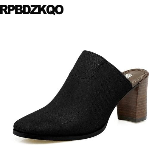Modern square toe 3 inch chunky elegant black ladies high heels slipper block shoes 2018 designer size 4 34 sandals mules pumps
