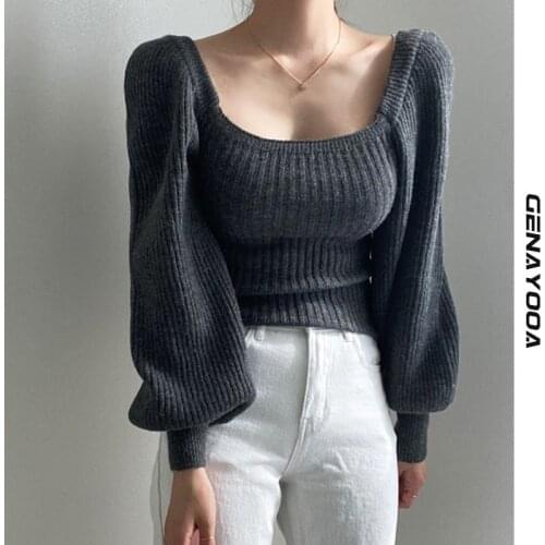 Genayooa Square Collar Sweater Women 2021 Autumn Winter Korean Elegant Vintage Puff Sleeve Pullover Jumper Knit Ladies Tops