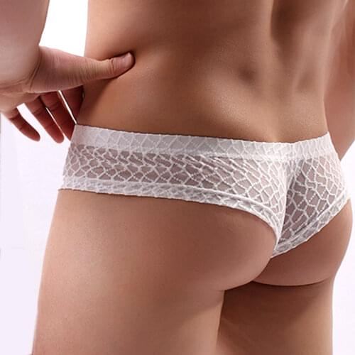 Mens Underwear Mini Boxer Panties Sexy Transparent Lace Pouch Underpants Mesh Calzoncillo Hombre Sous Vetement Homme See Through