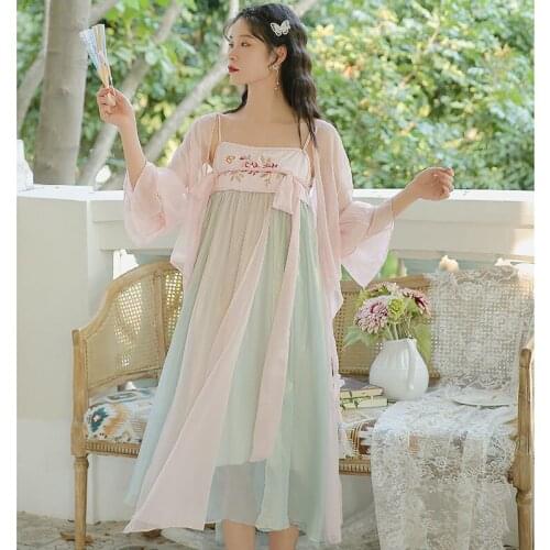 Ancient Style Hanfu Suit Sweet Two Piece Set Women Summer Gradient Rendering Retro Embroidery Sling Dress+Flared Sleeve Coat Top