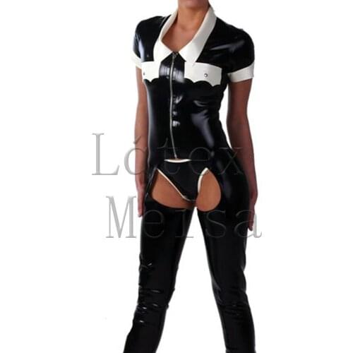Crotchless design womens short sleeve black latex bondage catsuit including briefs with white trim decorations