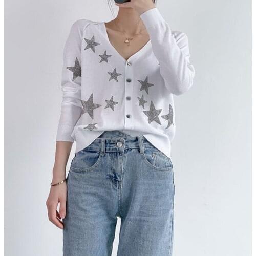 2021 Early Autumn Womens V-Neck Single Breasted Cardigan Ladies Shining Star Hot Diamonds Long Sleeve Sweater Knitwear Tops