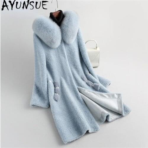 AYUNSUE Big Fox Fur Collar Coat Women Winter 2021 Hooded Long Real Sheep Shearling Jacket Female Overcoat Casaco Feminino Gxy358