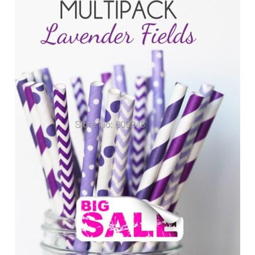 150pcs Mixed Colors LAVENDER FIELDS Paper Straws Discount,Purple and Deep Purple Striped,Polka Dot,Lilac Chevron and Swiss Dot