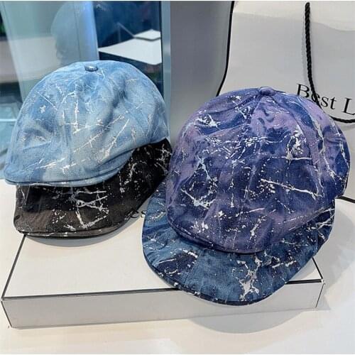 Tie Dye Beret Caps Men Women Vintage Jean Newsboy Cap Washed Denin Cabbie Gatsby Hats Foil Silver Sun Hat Unisex Duckbill Caps