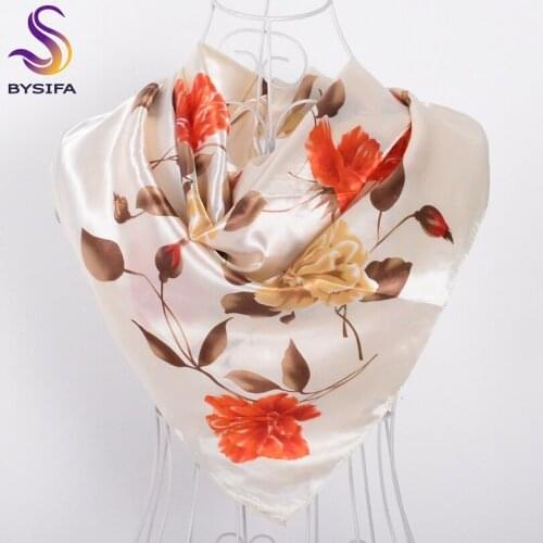 [BYSIFA] Fresh Beige Red Silk Scarf Shawl 2017 New Design Female Accessories Flowers Muslim Headscarves Elegant Ladies Scarves