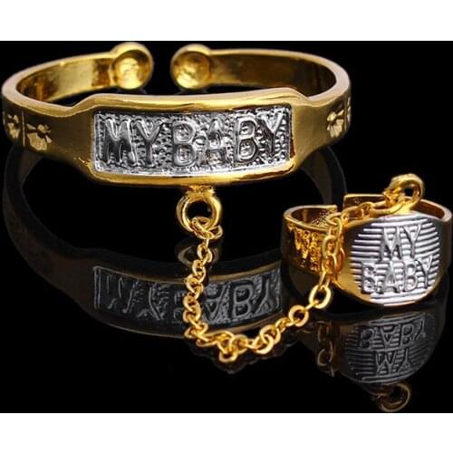 Children Two-Tone Bangles With Ring Real 14 k Yellow Fine Gold Filled Anti-allergy Letter silvery MY BABY Kids Daughter Son Cute