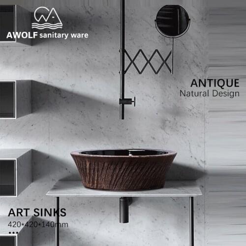 Art Bathroom Sinks 420*420*140mm Natural Design Ceramic Vessel Antique Washing Basin Bowl Modern Lavatary Sink AM858