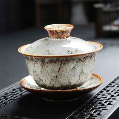 Ceramic Kiln Change Gaiwan Creative Temmoku Glaze Tea Bowl with Saucer and Lid Set Master Cup Tea Tureen Teaware Drinkware Gifts