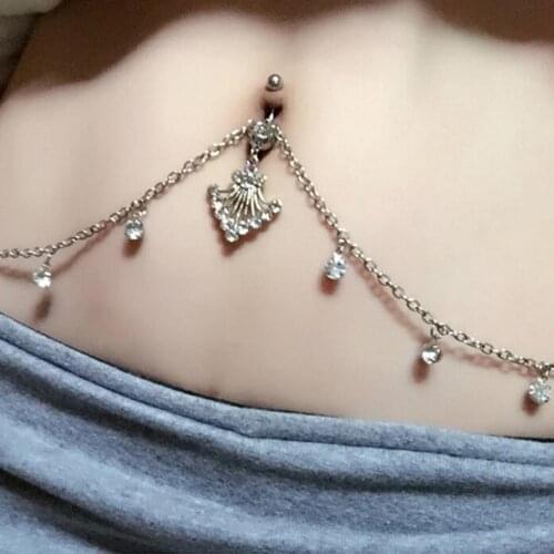3Colors Dainty Rhinestone Crystal Bar Waist Chain Stainless Steel Pendant Piercing Belly Barbell Navel Ring With Waist Chain