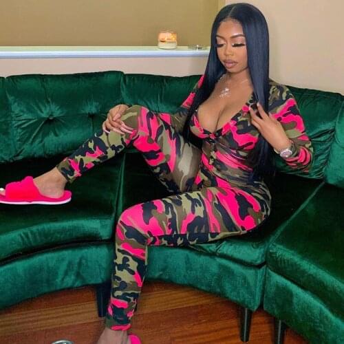 HIRIGIN Sexy Butt Flap Women Jumpsuits Skinny Buttons Up V-neck Romper Camouflage Print Pajamas Sexy One Piece Sleepwear 2021