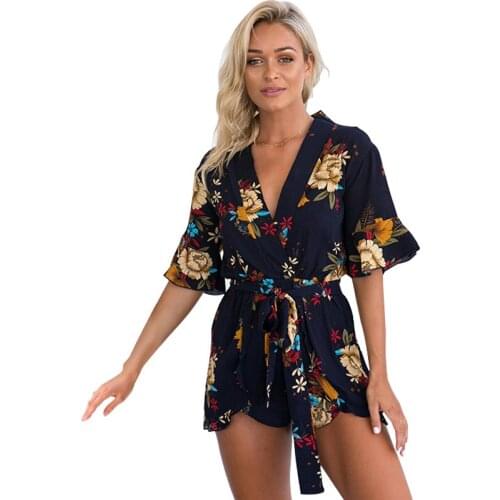 Apparel Sexy Half Sleeve V Neck Floral Print Elegant Jumpsuit Romper Loosen Sashes Beach Short Playsuit Women Overalls