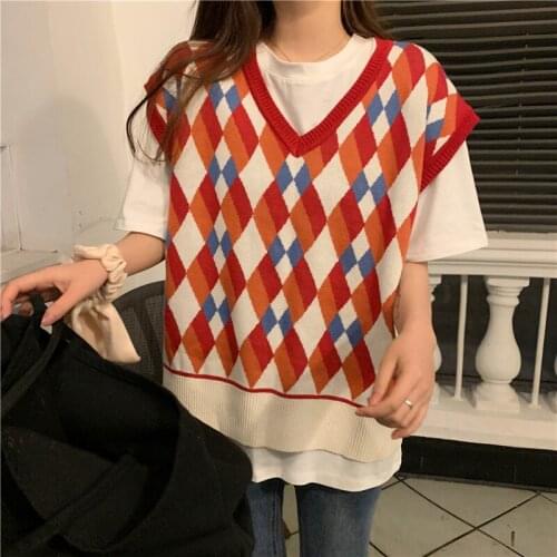 Colorful Argyle Plaid Print Vests Women Fall Casual Loose V-neck Straight Knit Sleeveless Female Streetwear Pullovers Waistcoats