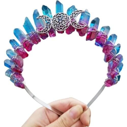 Multicolor Raw Crystal Quartz Headband Crown Boho Hollow Out Metal Moon Tiara Hair Hoop Women Bride Wedding Holiday Photo C1FE