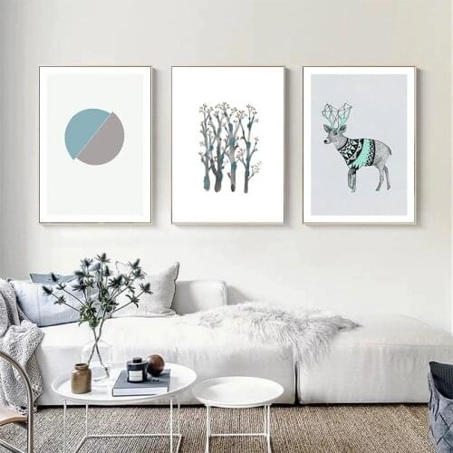 3 Pieces Abstract Canvas Painting Deer Flower Wall Art Scandinavian Print Poster Nordic Wall Pictures For Living Room Home Decor
