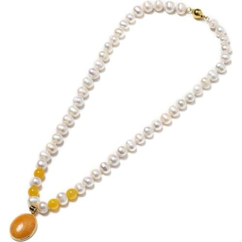 Slender with light white oval pearls with four round orange beads and light brown Oval 18*23*6 mm Pendant 8-9 mm pearl Necklace