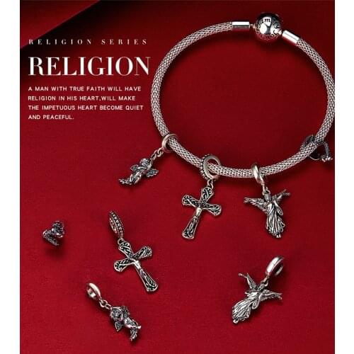 Jesus Cross Charms BISAER Authentic 925 Sterling Silver Religion Cross Lucky Beads fit Bracelets Silver 925 Jewelry ECC1407