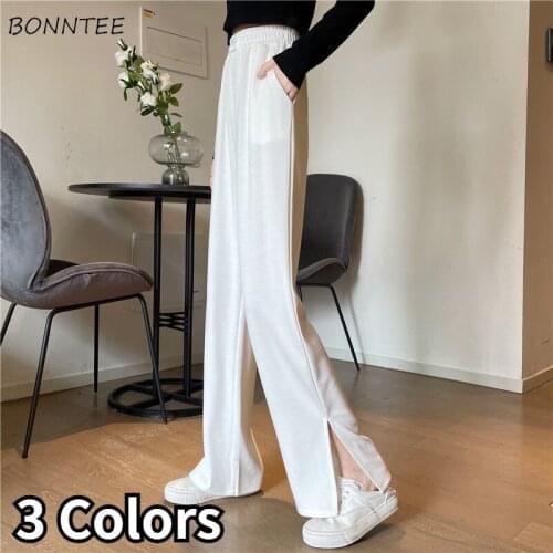 Casual Pants Women Modern Split Straight Full-length Trousers Korean Style Chic High Waist All-match Cozy Mujer Harajuku Female
