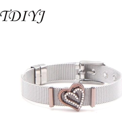 TDIYJ New Arrival Stylish Coffee Crystal Heart Slide Charms Keeper Mesh Bracelets Set as Gift for Love 1set