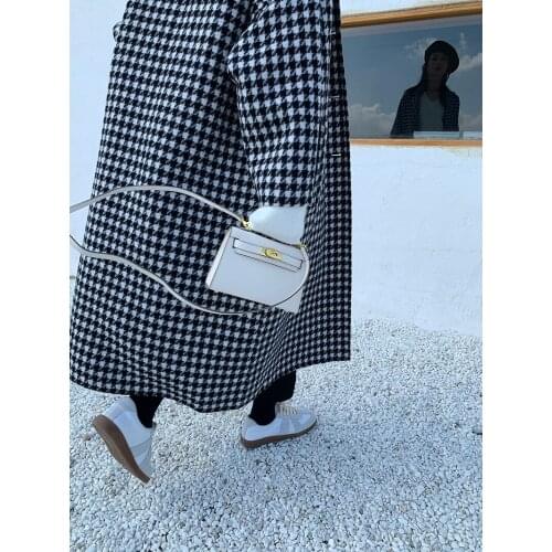 High-end houndstooth profile loose mid-length double-sided cashmere coat woolen coat female Korean new style