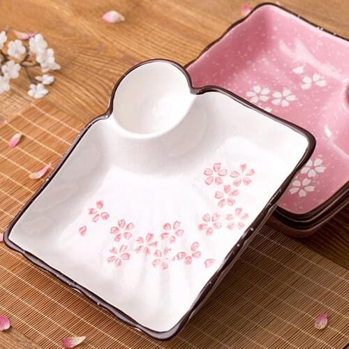 Japanese Cherry Blossoms Design Big Size Plate For Dumplings Dipping Sauce Sushi Compartment Bowl For Japanese Chinese Food