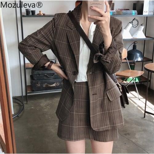 Mozuleva Two-piece Plaid Blazer Suit Women Single-breasted Jacket & Pencil Skirt Women Skirt Suit Casual Blazer Set 2019 Autumn
