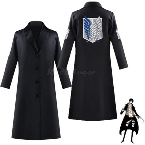 S-2XL Anime Attack on Titan Cosplay Trench Jacket Men Women Shingeki no Kyojin Levi Rivaille Black Coat Haloween Costume C58M107