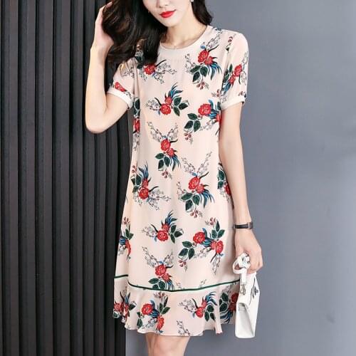 Summer 100% Natural Silk Women Prairie Chic Dresses Elegant O-neck Short Sleeve Floral Print Lady Pure Real Silk A-line Dress