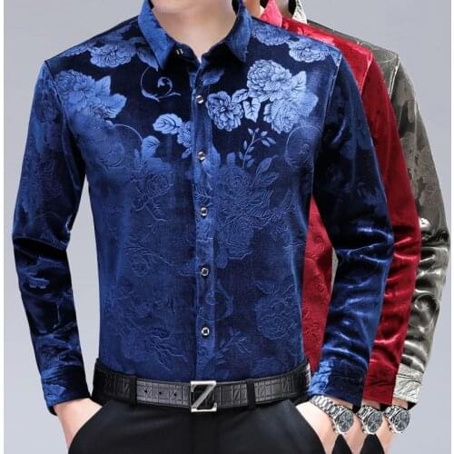 Winter Male Thick Shirts Long Sleeve Gold Velvet Clothes Casual Floral Warm Velvet Dress Shirts