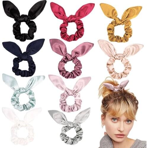 10Pcs Satin Hair Scrunchies Elastic Bands Cute Wired Bunny Ears Ponytail Holder NEW