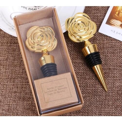 100pcs New Creative Gold Color Metal Rose Wine Bottle Stopper Wedding Gifts Party Favors for Guests SN1601