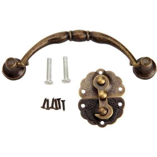2pcs/kit Pull Handle Knob + Lock Hasp Hook Antique Bronze Vintage Decorative Cabinet Jewelry Box Furniture Hardware Accessories