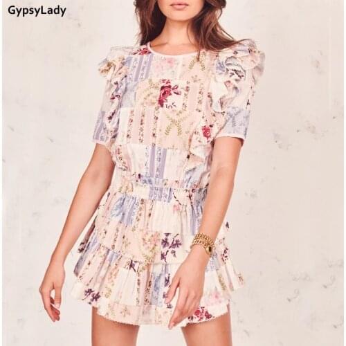 GypsyLady Floral Fancy Multi Mini Dress Patchwork Spring Vintage Dress Ruffles O-neck Short Sleeve Women Trim Casual Chic Dress