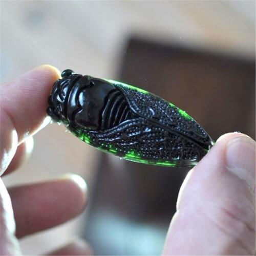 Chinese Natural Obsidian Green Jade Hand Carved Cicada Lucky Charm Pendant Gifts